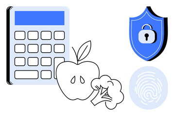 Fototapeta premium Security, technology, nutrition, meal planning, access control, and data protection. Calculator, shield with padlock fingerprint apple and broccoli. Security and technology integrated