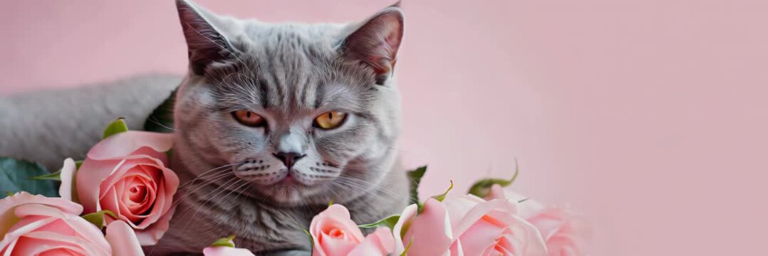 Cute cat resting among pink roses with copy space, romantic pet video banner background, valentine day love tenderness and floral greeting concept.