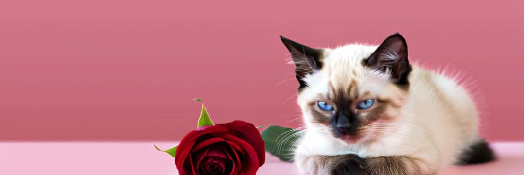 Cute fluffy cat with red rose on soft pink background with copy space, romantic pet banner video for website header and landing page.