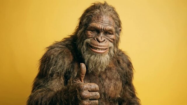 Bigfoot giving thumbs up on bright background capturing friendly expression humorous character design and playful mythical personality in simple studio environment