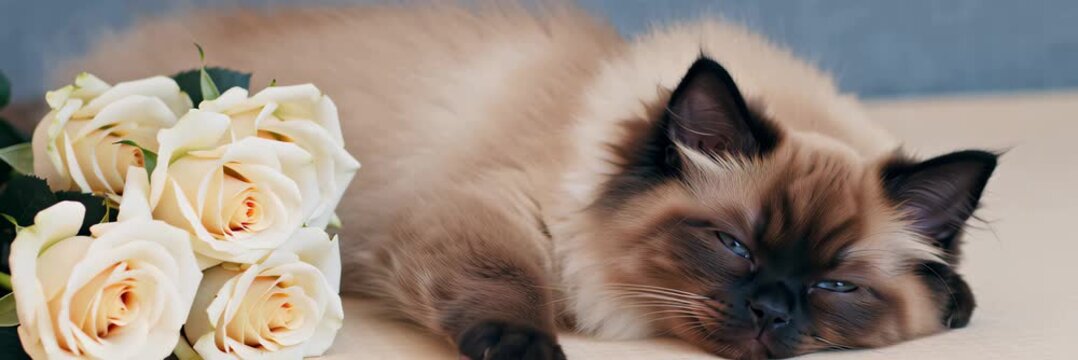 Cute fluffy cat lying near white roses with copy space, romantic valentine day pet video banner background, love tenderness and floral greeting concept.