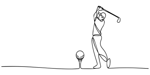 golf player continuous one line drawing, Continuous one  line drawing of young sporty golf player hit the ball using golf club graphic vector illustration. Healthy sport concept, Minimalist one line © DESIGN LINE
