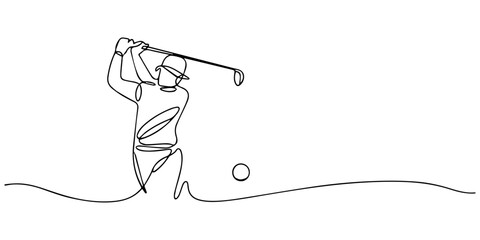 Golfer aiming with club to hit a ball in continuous one line drawing style, Golf player with club and ball set one line art. Continuous line drawing hitting the ball with a club, game, golf, player © DESIGN LINE