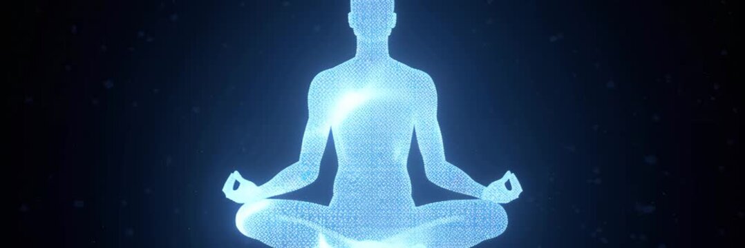 Meditating human silhouette with glowing energy aura in calm space with copy space, mindfulness meditation banner video for website header and landing page.