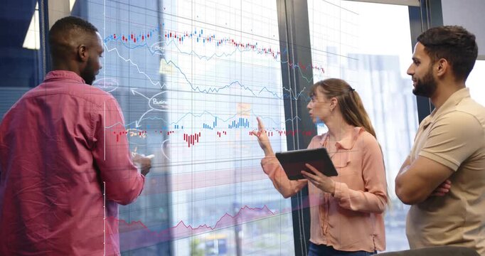 Presenter in pink initiating finance review by drawing on glass, animating charts and annotations