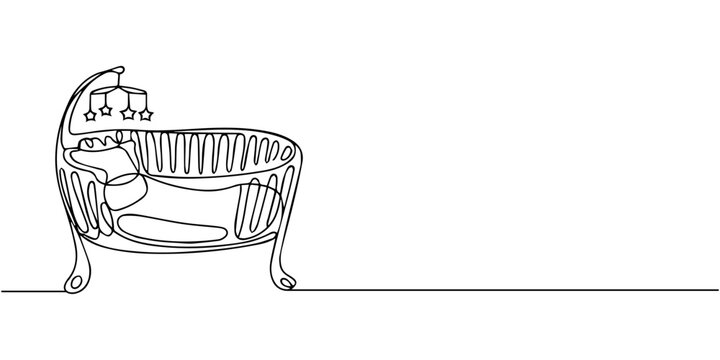 baby cradle or cot continuous one line drawing, baby stroller, baby carrier, bed, mobile and horse toy one line art. Continuous line drawing of childhood, safety, protection, crib. one line Icon draw