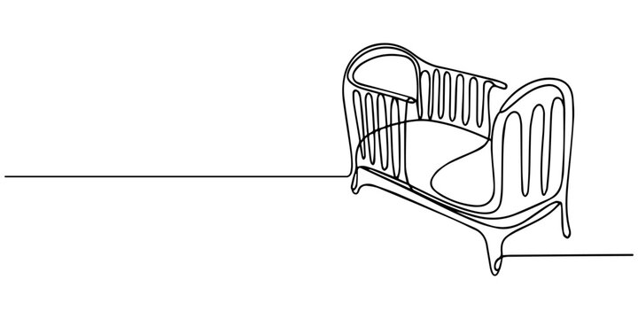 Continuous one line drawing of a baby crib basket with toys on it, line art style vector illustration, Continuous Line Drawing of Baby Crib Icon. Hand Drawn Symbol Vector Illustration. baby cot