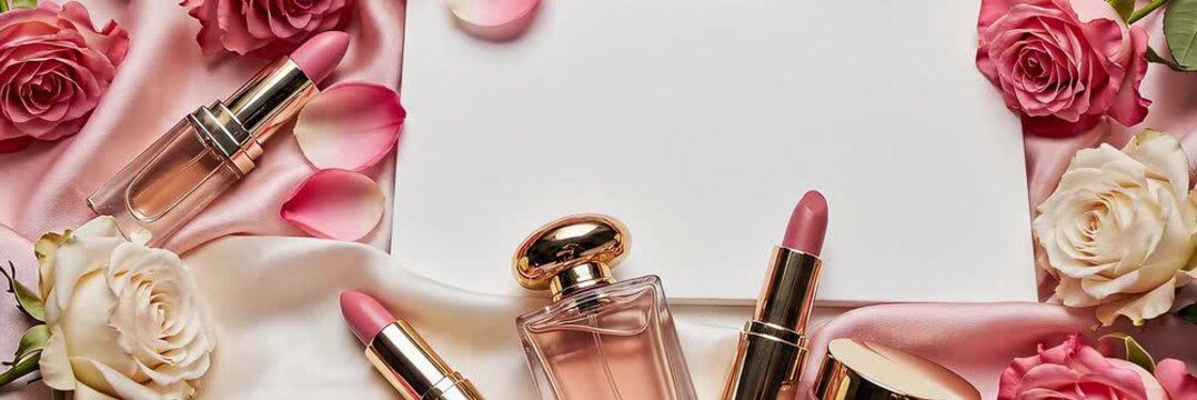 Cosmetics and beauty products flat lay with roses and copy space, beauty banner video background for website header and landing page.