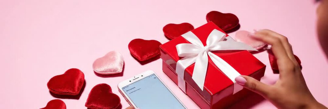 Valentine gift box with red hearts on pink background with copy space, romantic love banner video for website header and landing page.