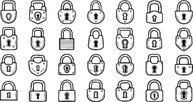 Black and White Line Art of Various Padlocks, Security Icons, Vector Collection