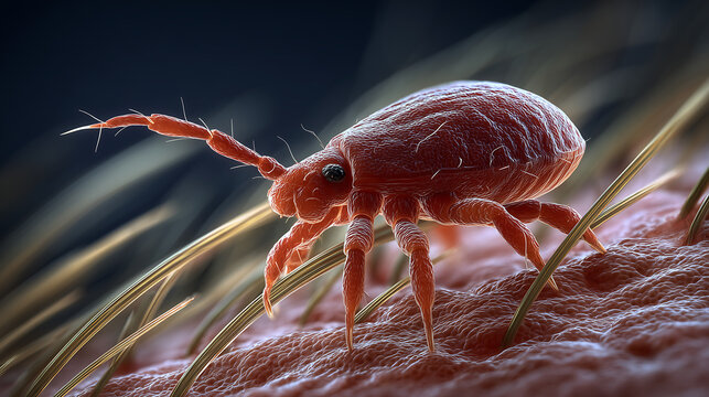 Macro image of a parasitic mite crawling on human skin and hair illustrating dermatology, skin infestations, microscopic parasites and the medical concept of ectoparasites affecting the scalp and huma