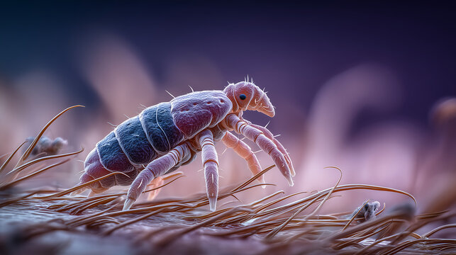 An image of a parasitic mite crawling on human skin and hair illustrates dermatology, skin infestations, microscopic parasites, and the medical concept of ectoparasites affecting the scalp and human h