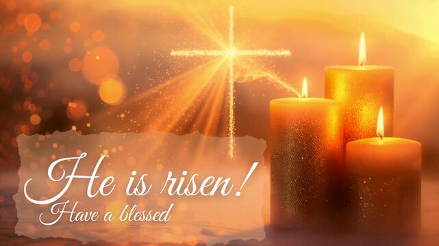 He Is Risen: Blessed Easter Animation with Glowing Cross and 3 Candles. Religious Celebration in Magic Holiday Morning Sunlight. 4K Motion Concept