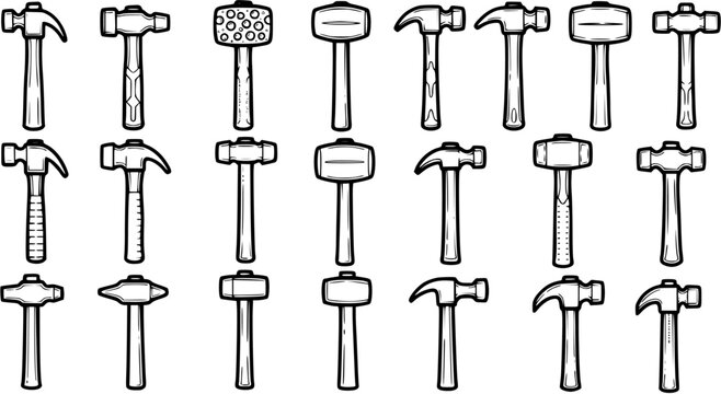 Construction Industry Hammer Tools Line Art Vector Set. Black and White Hand-drawn Outline Collection of Various Hammer Types for Carpentry, Building, and DIY Projects.