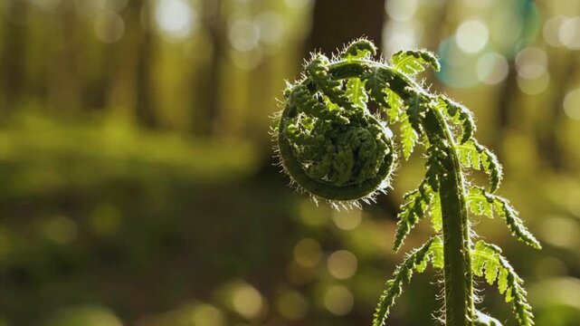 Captivating close-up video of a vibrant green fern fiddlehead slowly unfurling its intricate fronds, showcasing the beauty of natural growth and spring animation.