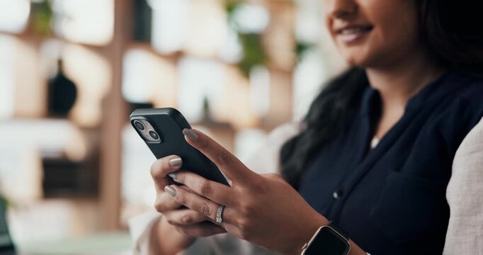 Woman, phone and hands in office with typing, email response and problem solving for business. Creative, project management and idea in event agency with decision, brainstorming solution and feedback