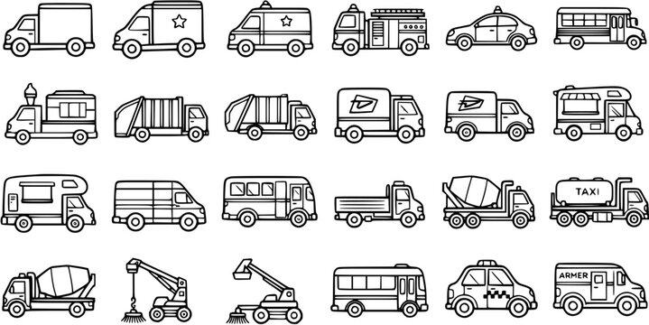 Line Art Transportation Vehicles Icon Set. Black and White Outline Collection of Cars, Trucks, Buses, Public Service, and Construction Vehicle Illustrations.