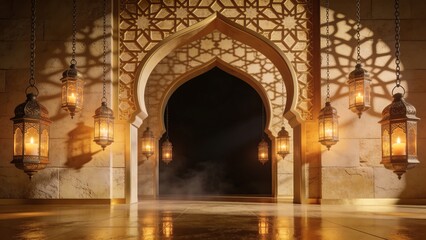 Naklejka premium Islamic architecture building interior with ornate arch and lanterns casting shadows on wall