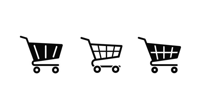 Three black shopping carts displayed in a simple vector silhouette