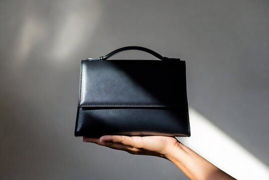 A black leather handbag is being held by a hand. It&rsquo;s set against a gray background with light casting shadows.