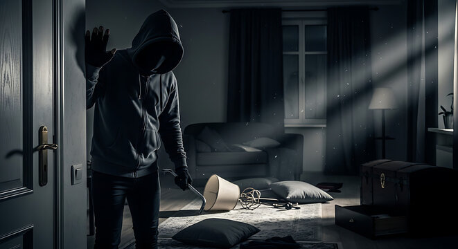 Dangerous masked criminal intruder wearing a dark hooded sweatshirt sneaking into a residential living room at night to commit a robbery and theft during a home invasion security breach.