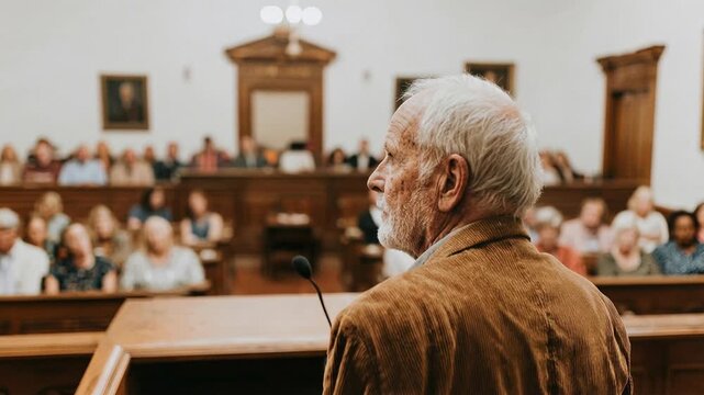 Elderly man standing in courtroom addressing audience capturing testimony legal process and solemn atmosphere during judicial proceeding