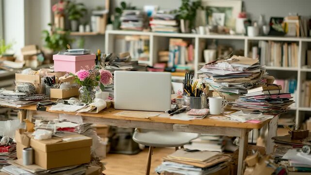 Creative Workspace with Scattered Supplies: Design Studio with Open Shelving, Paperwork, and Natural Light.