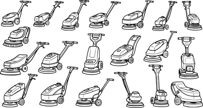 Black and White Line Art Illustration of Various Floor Scrubbers and Polishers