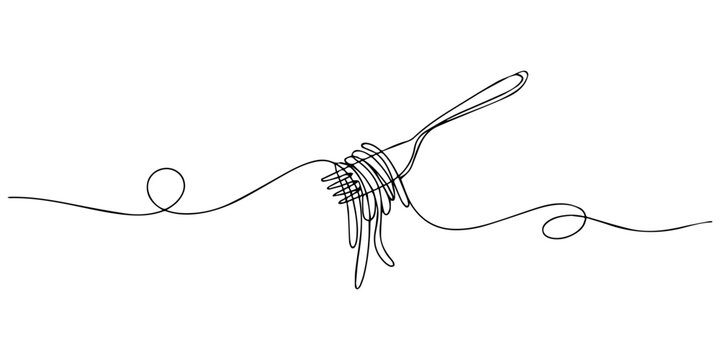 spaghetti fork continuous one line drawing, Pasta and spaghetti in One Continuous line drawing. Italy noodle on plate with fork for web banner and food delivery service in simple linear style.