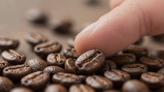 Close-Up of Coffee Beans with Finger Touching Texture