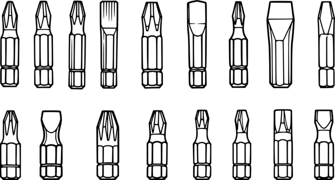 Tools  Hardware: Black and White Line Art Vector Set of Diverse Screwdriver Bits and Driver Heads for Construction, DIY, and Automotive Industries