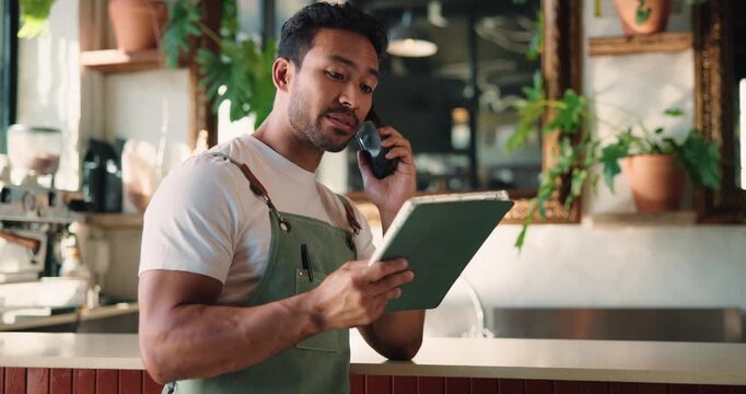 Phone call, chat or man in cafe with tablet, inventory management or negotiation with supplier. Happy, networking or Asian owner with tech, stock checklist or vendor coordination in restaurant.