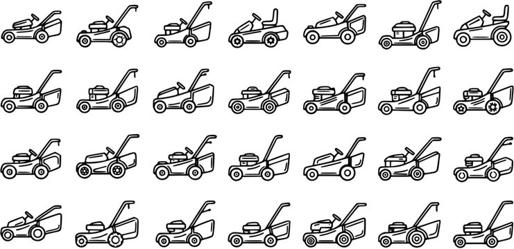 Black and White Line Art Icons of Various Lawn Mowers, Gardening Equipment, Yard Tools