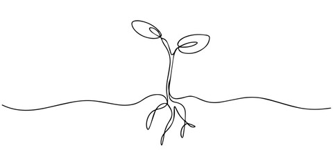 growth tree continuous one line drawing, Sprout with roots. Continuous one line drawing.one line  vector illustration  with out background, Continuous one line drawing of eco green tree with bush © DESIGN LINE