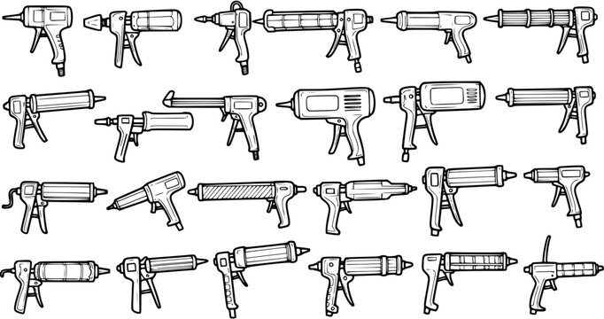 Black and White Line Art Collection of Various Caulking Guns, DIY Tools, Construction Supplies