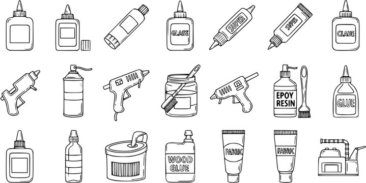 Black and White Line Art Hand-drawn Set of Craft and DIY Glues and Adhesives, Featuring Glue Guns, Bottles, Tubes, and Cans for Creative Projects