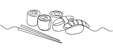 One Line Drawing of Sushi Pieces with Chopsticks, Showcasing Minimalist Japanese Cuisine, sushi  continuous one line drawing, Sushi set, Philadelphia roll, maki, Sushi roll with chopsticks in hand one © DESIGN LINE