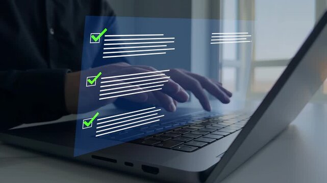 Businessman in computer doing online data documentation checklist survey. Fast checklist,clipboard task business management.Productivity checklist and filling survey form online.	
