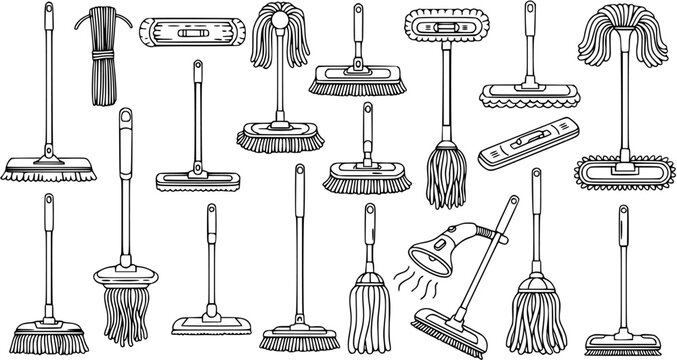 Household Cleaning Tools Collection: Hand-Drawn Black and White Line Art Set of Various Mops, Brushes, and Floor Cleaning Equipment