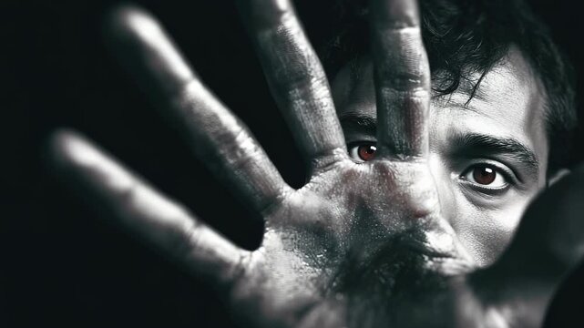 Intense portrait of a man partially obscured by his hand, conveying mystery, secrecy, and a sense of vulnerability or protection.