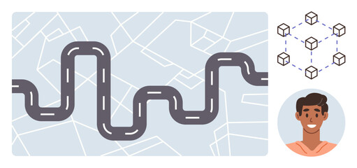 Navigation, blockchain, mapping, technology, character icon, decentralized data. A curvy road over a geographic map, blockchain network diagram and male character avatar. Navigation and blockchain © robu_s