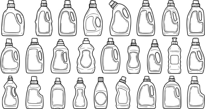 Black and White Line Art Vector of Assorted Cleaning Product Bottles, Laundry Detergent Containers