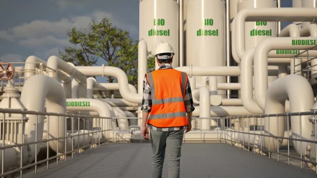 Back of Asian Male Engineer Walking at Modern Biodiesel Production Facility with Industrial Piping and Storage Tanks