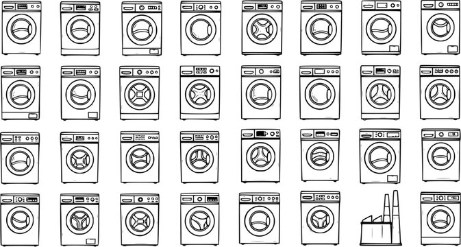 Household Laundry Appliances Outline Icons Collection: Black  White Line Art Vector Set of Various Washing Machines
