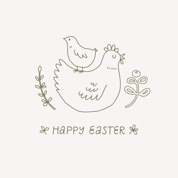 Happy Easter greeting card with hen and chick.