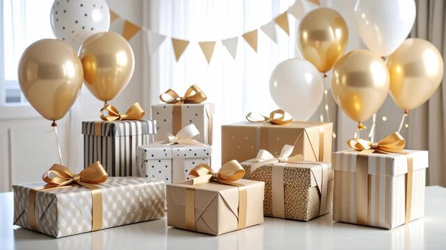 Elegant gold and white presents with ribbons and festive balloons for a luxury birthday or anniversary celebration
