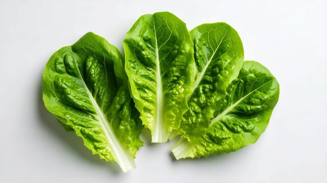 Three fresh green romaine lettuce leaves arranged on a white background for healthy cooking and salad preparation