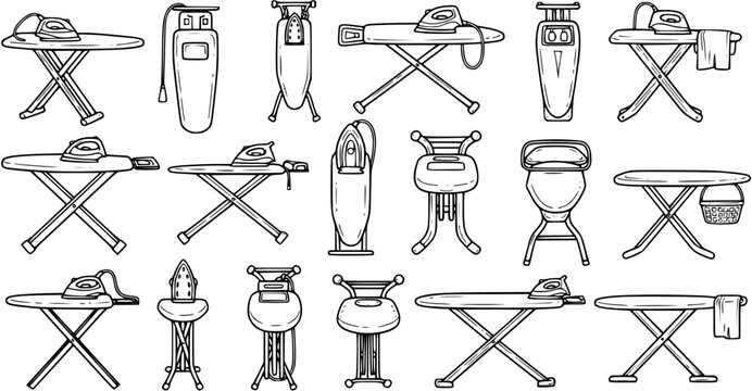 Black and White Line Art Sketch Icons: Hand-drawn set of various irons and ironing boards for laundry, household chores, and home appliances.