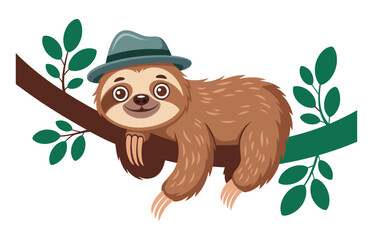 Fototapeta premium A cute cartoon sloth wearing a green fedora hat, smiling and hanging on a brown tree branch with green leaves against a white background.