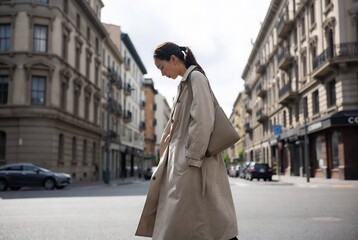 Obraz premium A woman in a trench coat walks down a European city street.